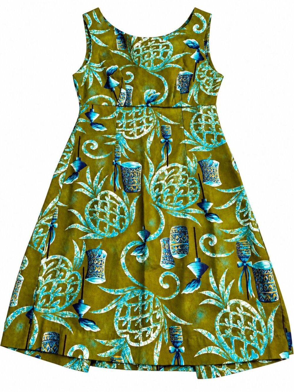 Ui-Maikai Vintage 60s Hawaiian Tiki Print Cotton Maxi Dress Size 12 Made Hawaii
